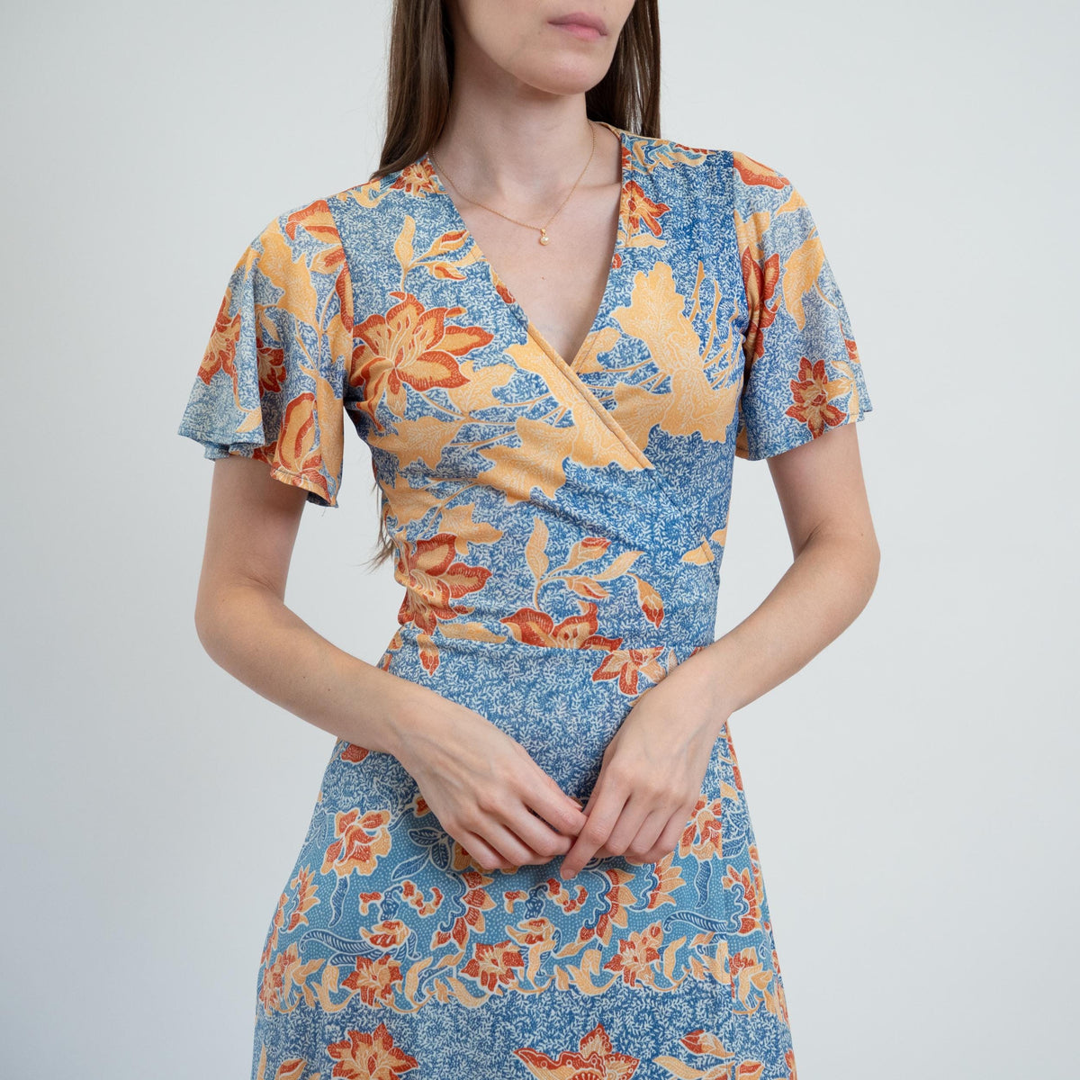 Vintage 70s Blue Fall Floral Wrap Dress - Small to Medium | Boho Flutter Sleeve Midi Sundress