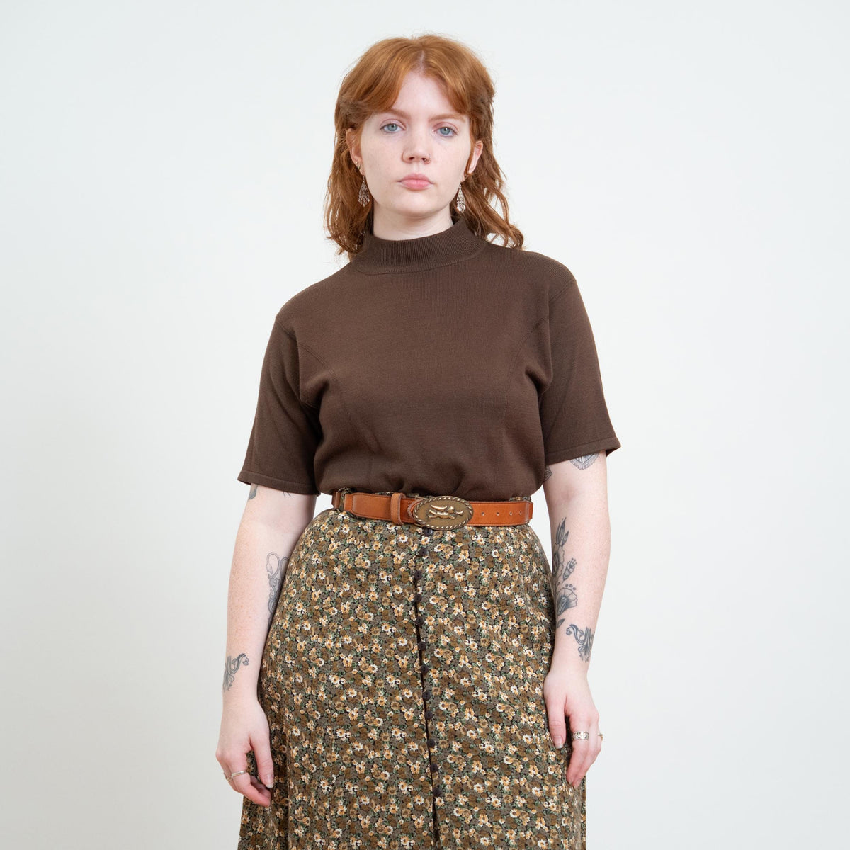 Vintage 90s Soft Brown Knit Mockneck Top - Large | Minimalist Princess Seam Sweater Shirt