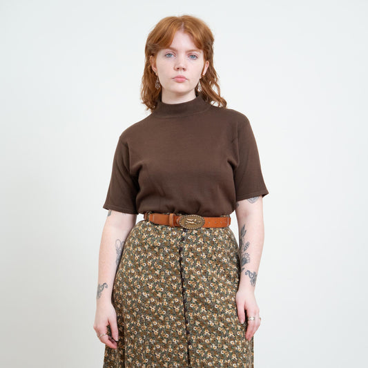 Vintage 90s Soft Brown Knit Mockneck Top - Large | Minimalist Princess Seam Sweater Shirt