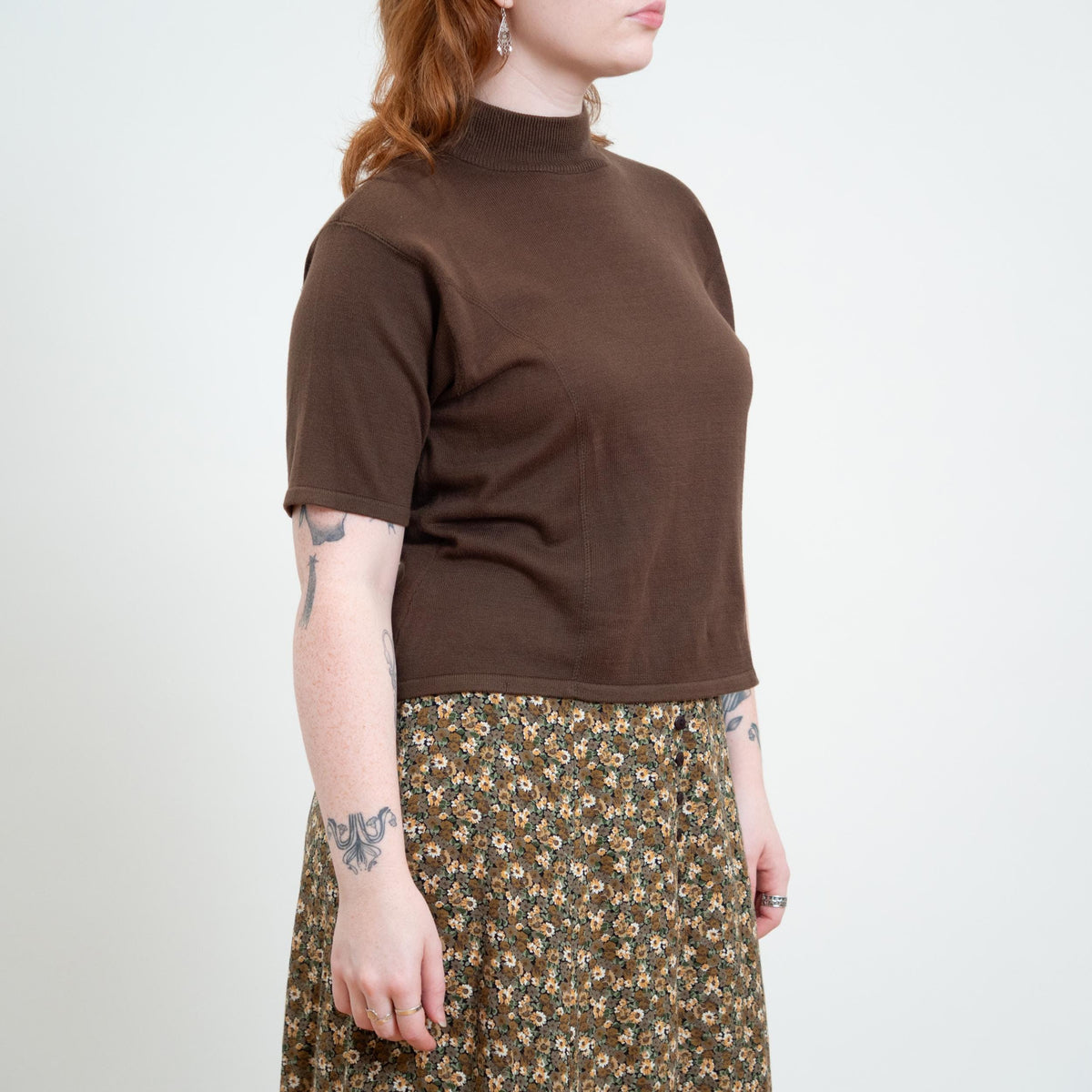 Vintage 90s Soft Brown Knit Mockneck Top - Large | Minimalist Princess Seam Sweater Shirt