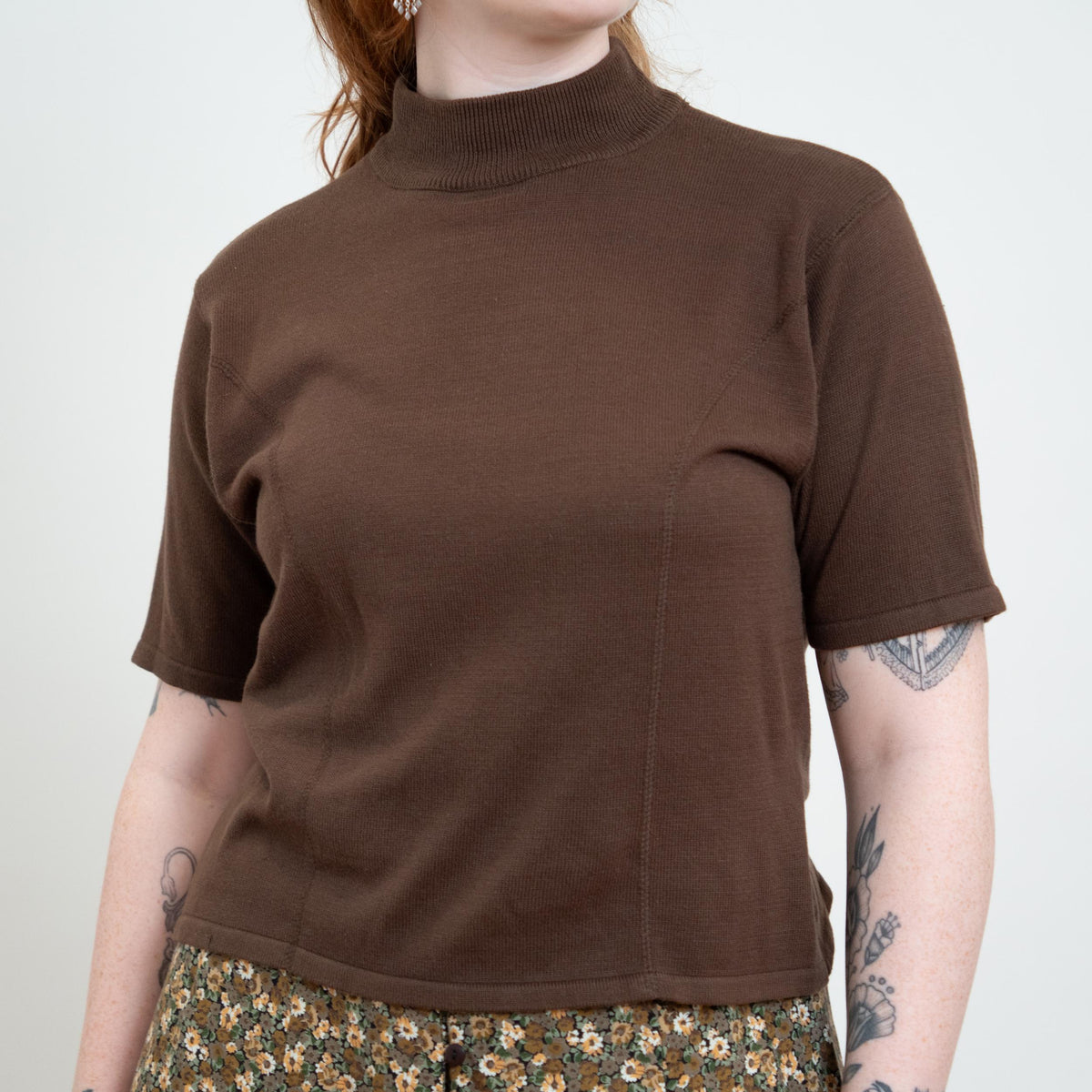 Vintage 90s Soft Brown Knit Mockneck Top - Large | Minimalist Princess Seam Sweater Shirt