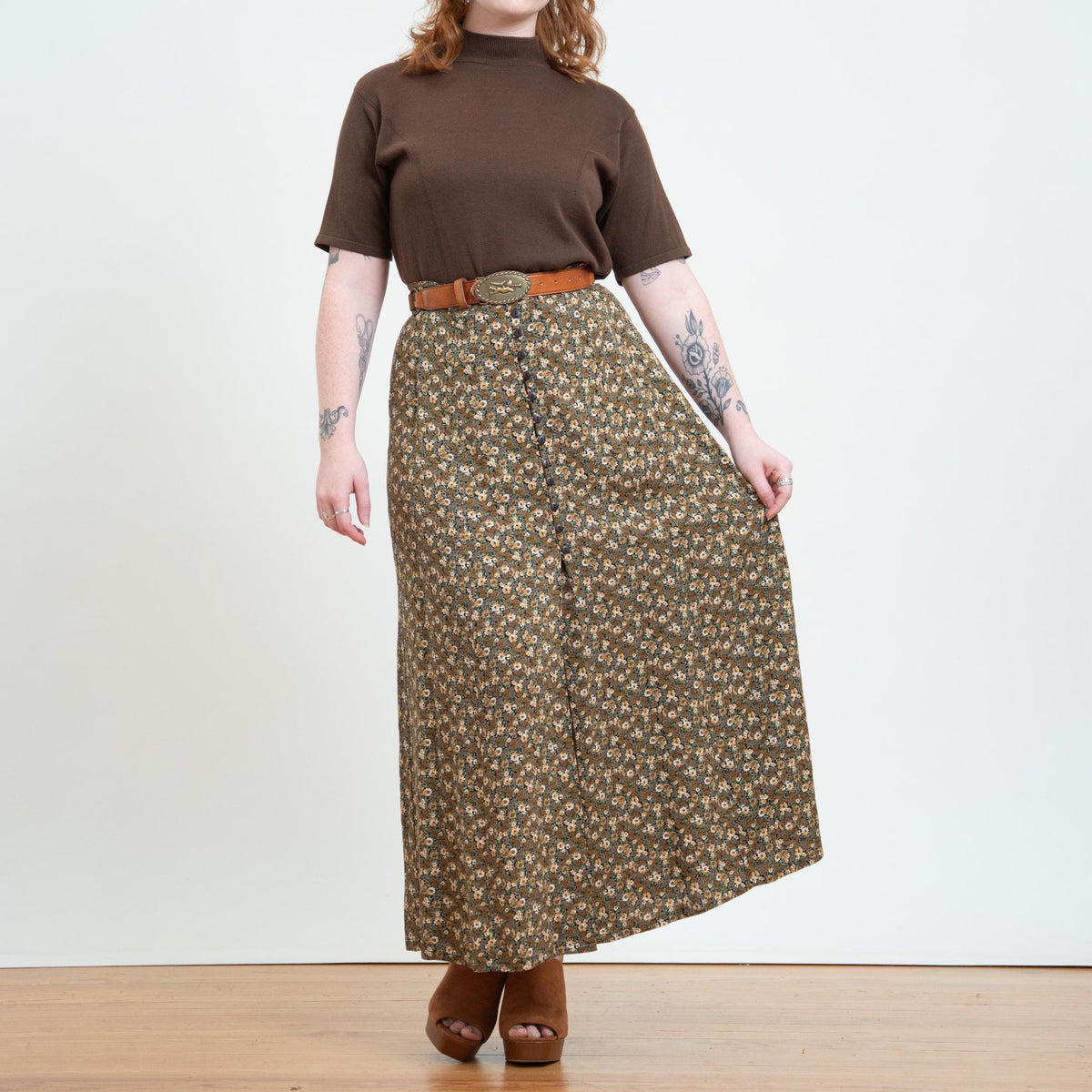 Vintage 90s Express Fall Floral Button Front Maxi Skirt - Large | Boho High Waisted Long Skirt