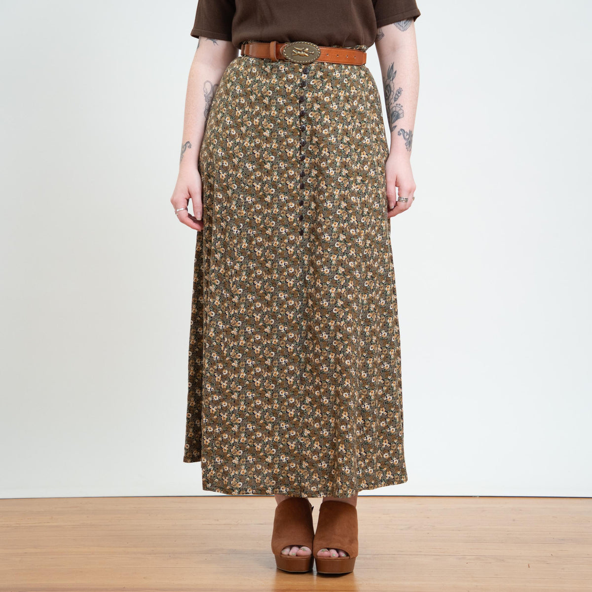 Vintage 90s Express Fall Floral Button Front Maxi Skirt - Large | Boho High Waisted Long Skirt
