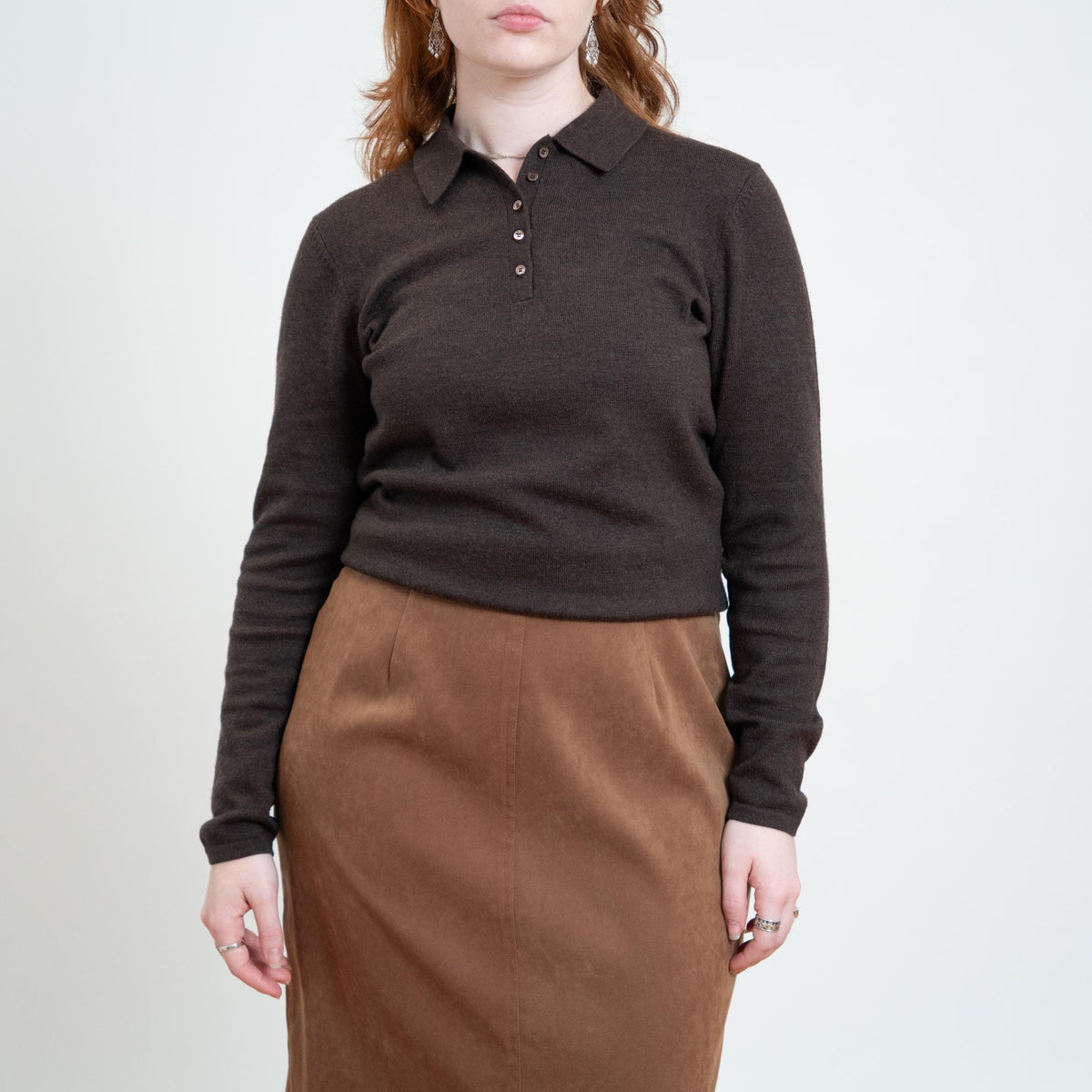 Vintage 90s Brooks Brothers Espresso Brown Merino Wool Polo Sweater - Medium | Minimalist Collared Top