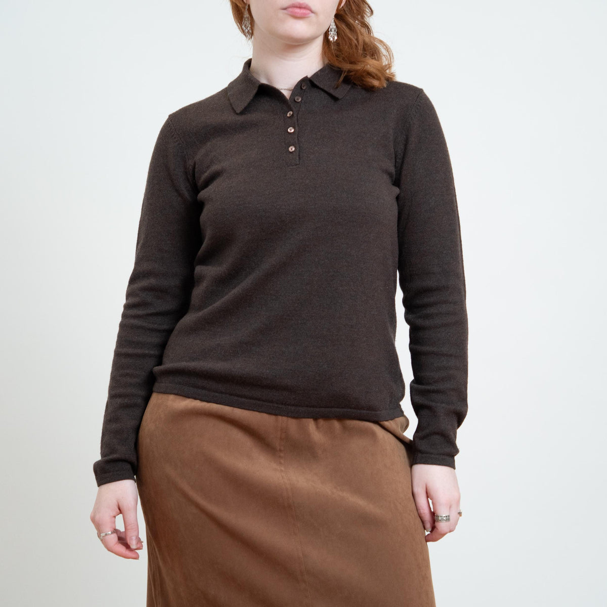 Vintage 90s Brooks Brothers Espresso Brown Merino Wool Polo Sweater - Medium | Minimalist Collared Top