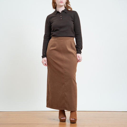 Vintage 90s Mustard Brown Ultrasuede Maxi Skirt - Large, 31" Waist | Minimalist High Waisted Straight Skirt
