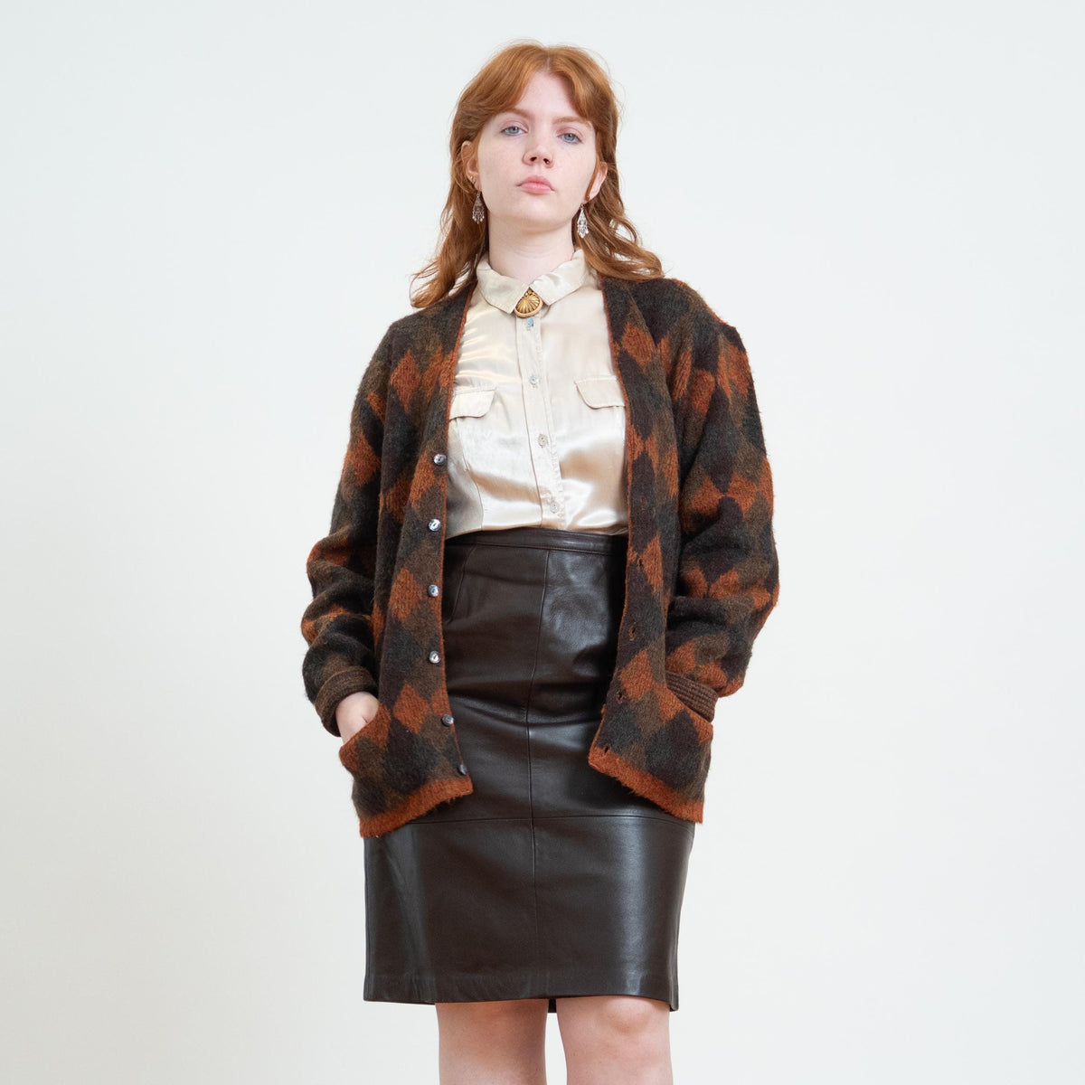 Vintage 60s McGregor Midnite Sun Autumn Argyle Cardigan - Unisex Large | Brown Shaggy Knit Button Up Sweater