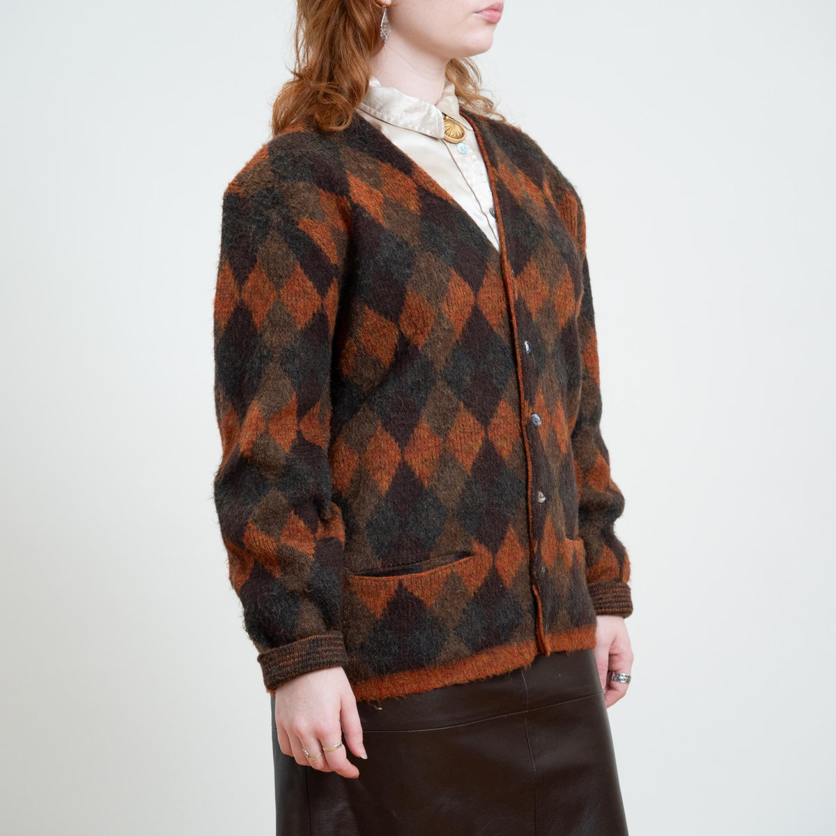 Vintage 60s McGregor Midnite Sun Autumn Argyle Cardigan - Unisex Large | Brown Shaggy Knit Button Up Sweater