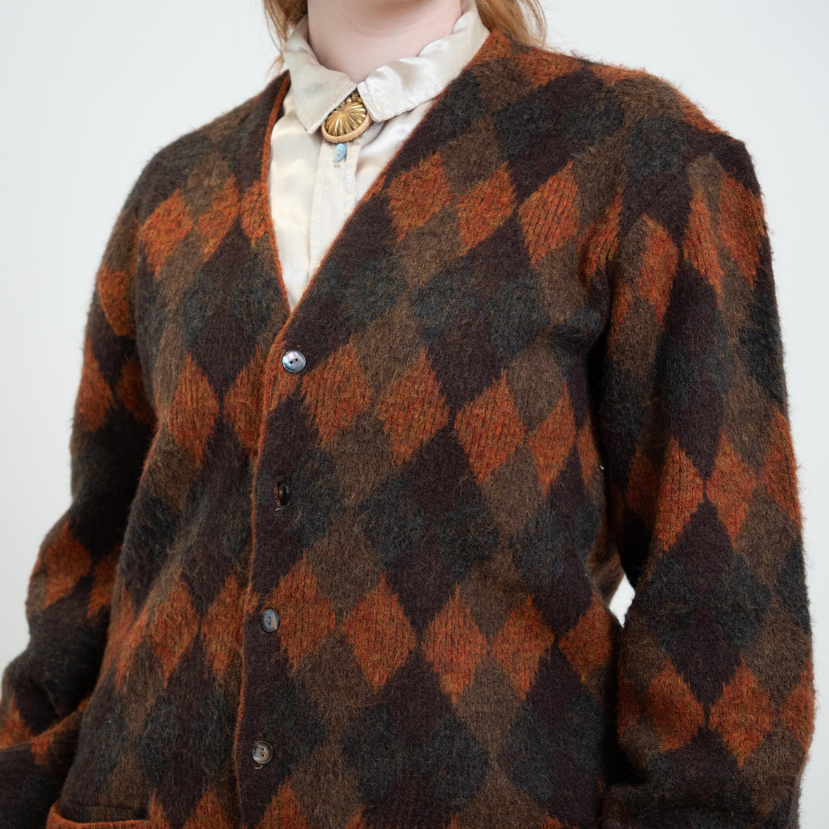 Vintage 60s McGregor Midnite Sun Autumn Argyle Cardigan - Unisex Large | Brown Shaggy Knit Button Up Sweater