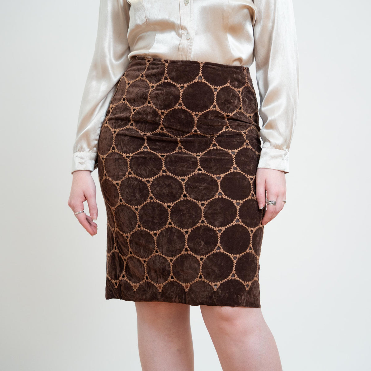 Vintage Y2K Does 60s Brown Velvet Patchwork Skirt - Medium, 29" Waist | Boho High Waisted Mini Pencil Skirt