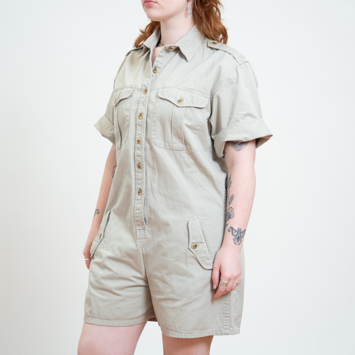 Vintage 80s Banana Republic Safari Bush Jumpsuit Romper - Large | Khaki Short Coveralls Outfit