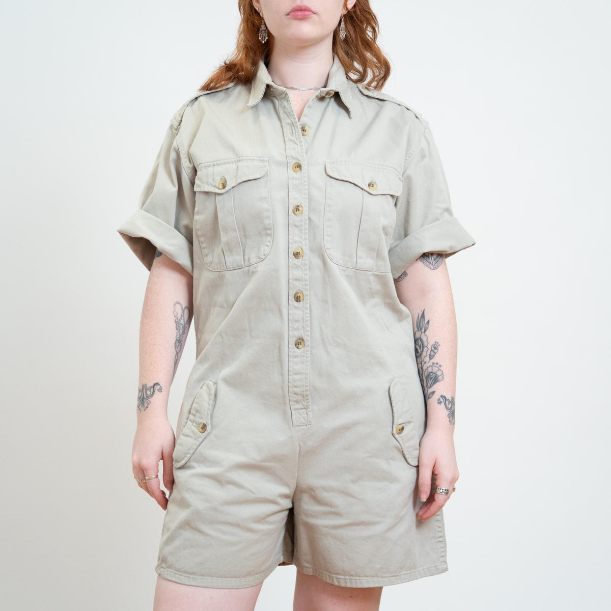 Vintage 80s Banana Republic Safari Bush Jumpsuit Romper - Large | Khaki Short Coveralls Outfit