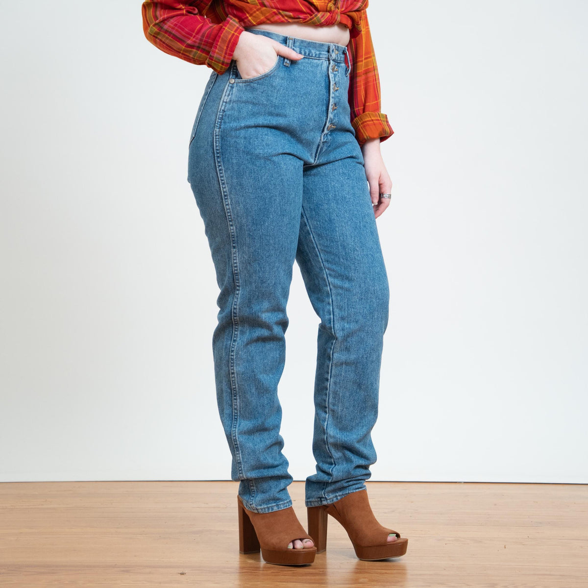 Vintage 90s Wrangler Exposed Button Fly Jeans - Medium Tall, 30" Waist | High Waisted Denim Mom Jeans
