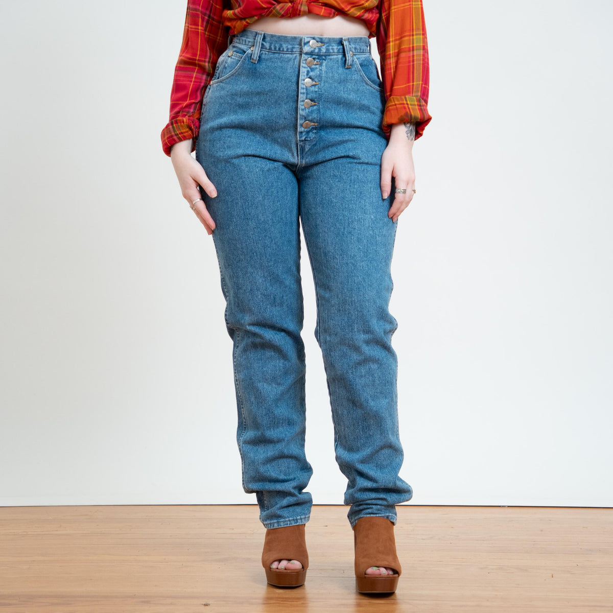 Vintage 90s Wrangler Exposed Button Fly Jeans - Medium Tall, 30" Waist | High Waisted Denim Mom Jeans