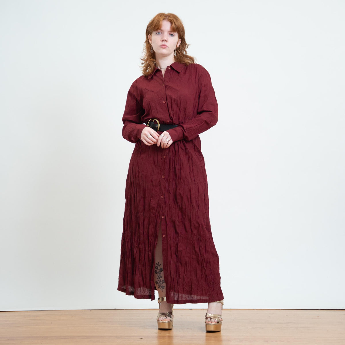 Vintage 90s Wine Red Crinkle Maxi Shirtdress - Medium | Long Sleeve Collared Button Front Dress
