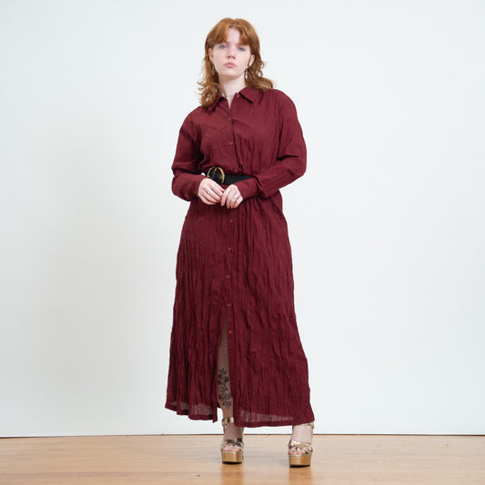Vintage 90s Wine Red Crinkle Maxi Shirtdress - Medium | Long Sleeve Collared Button Front Dress