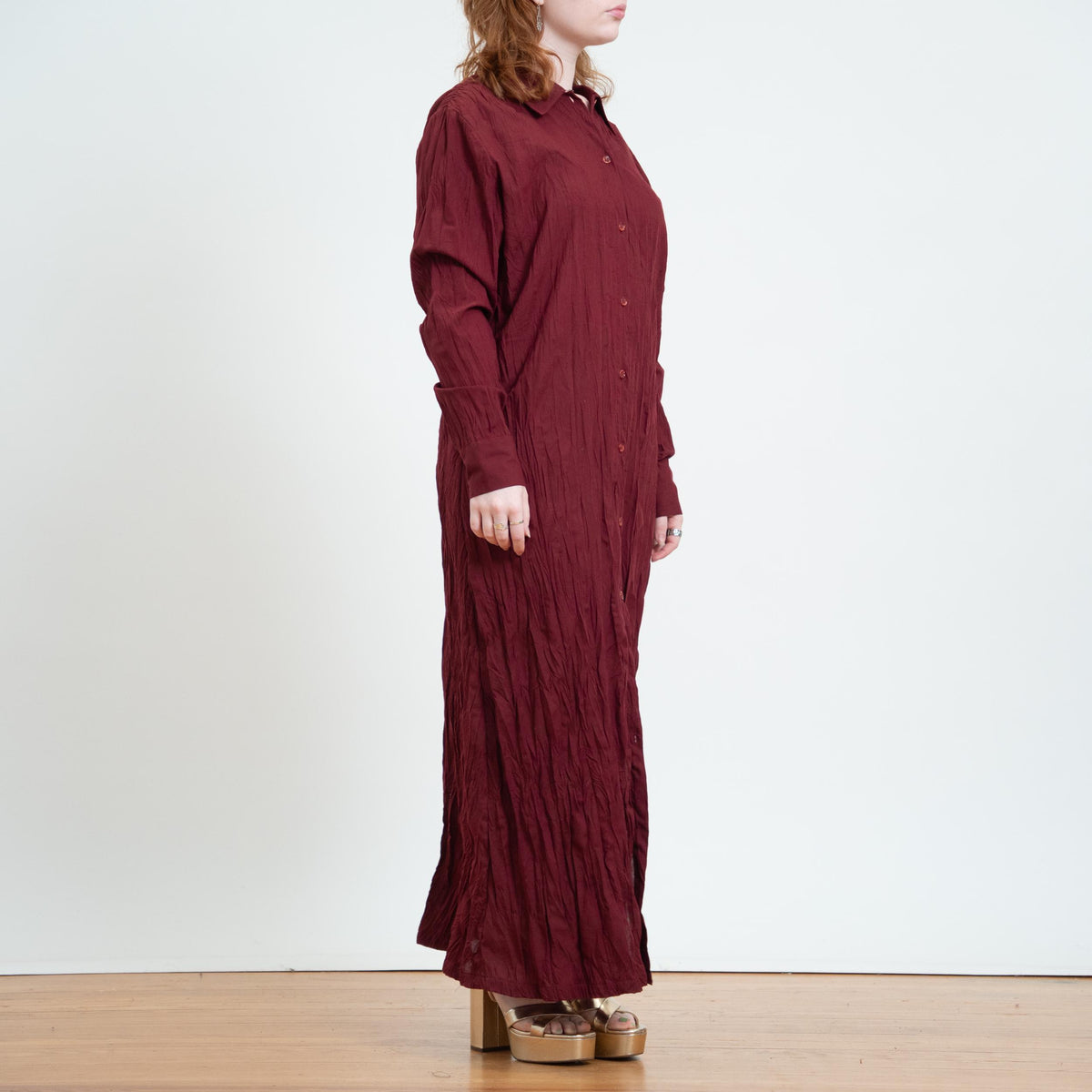 Vintage 90s Wine Red Crinkle Maxi Shirtdress - Medium | Long Sleeve Collared Button Front Dress