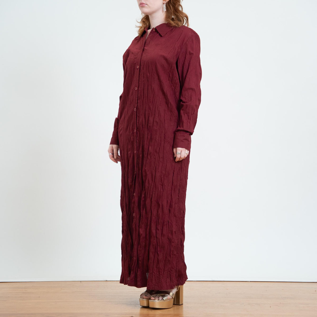 Vintage 90s Wine Red Crinkle Maxi Shirtdress - Medium | Long Sleeve Collared Button Front Dress