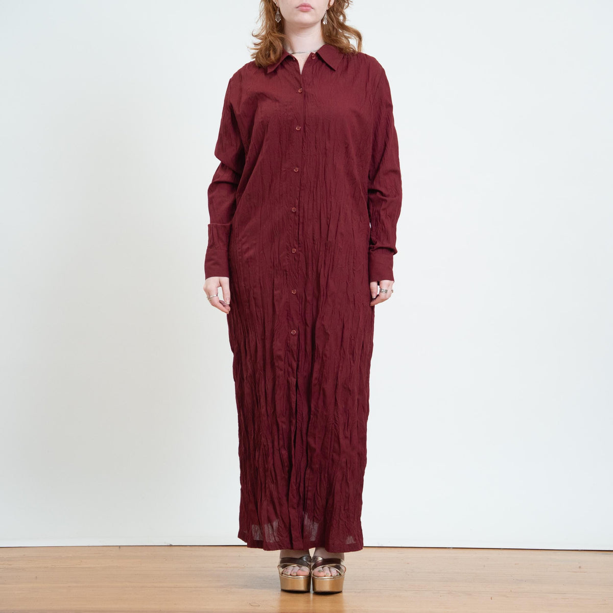 Vintage 90s Wine Red Crinkle Maxi Shirtdress - Medium | Long Sleeve Collared Button Front Dress