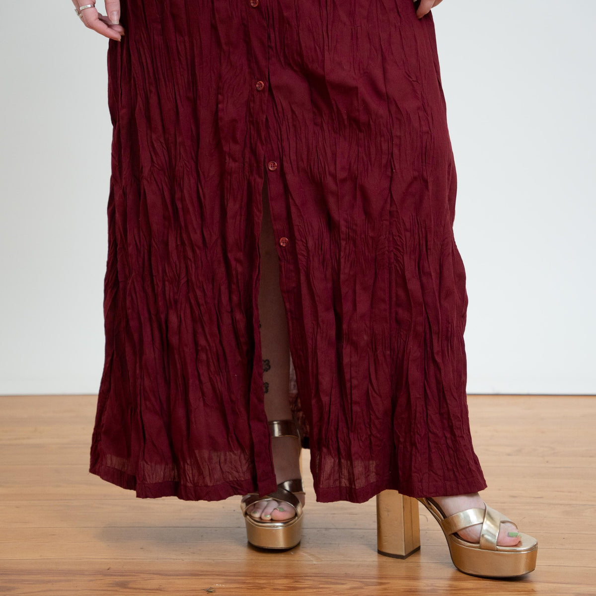 Vintage 90s Wine Red Crinkle Maxi Shirtdress - Medium | Long Sleeve Collared Button Front Dress