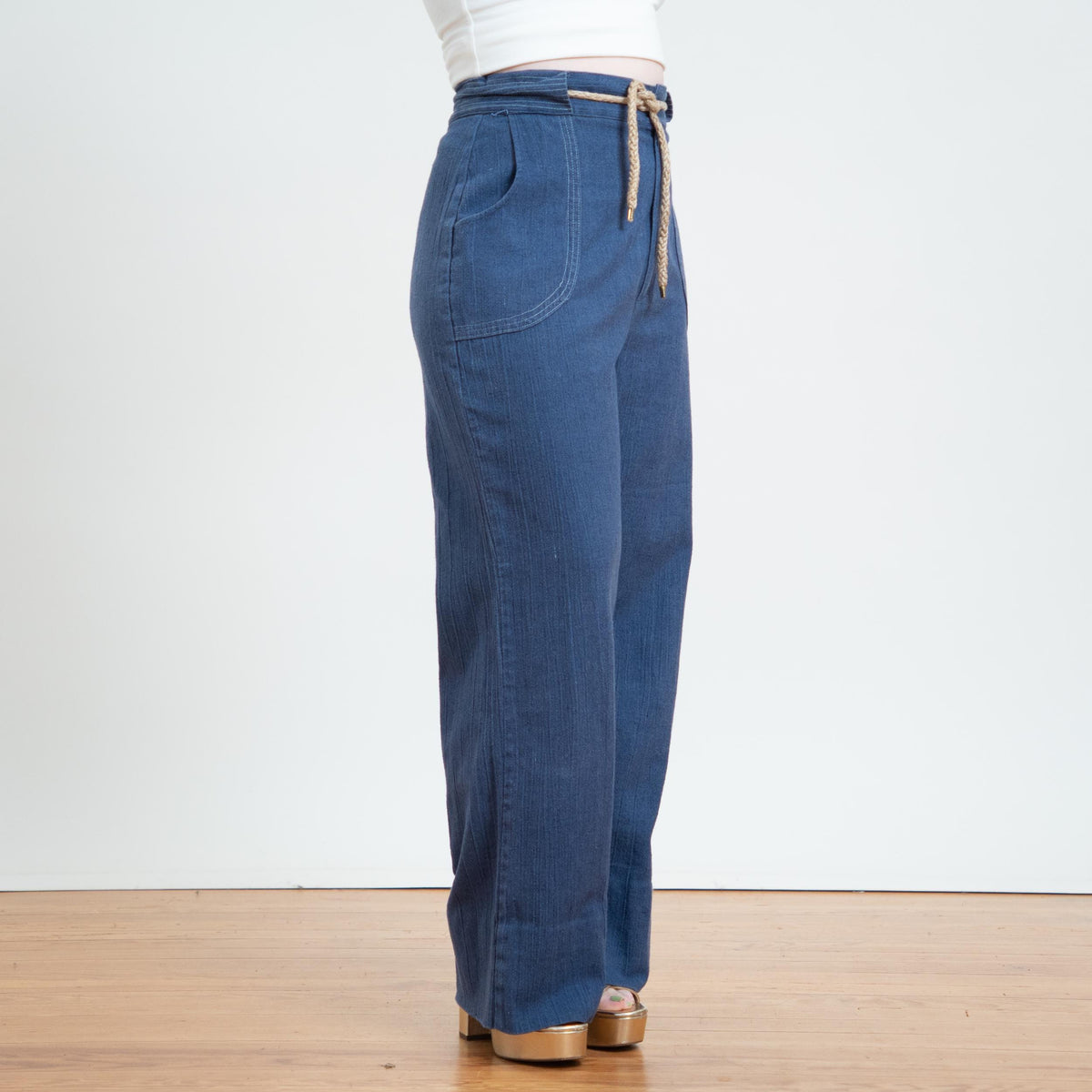Vintage 70s Chambray Wide Leg Drawstring Pants - Medium to Large | High Waisted Blue Flared Pants