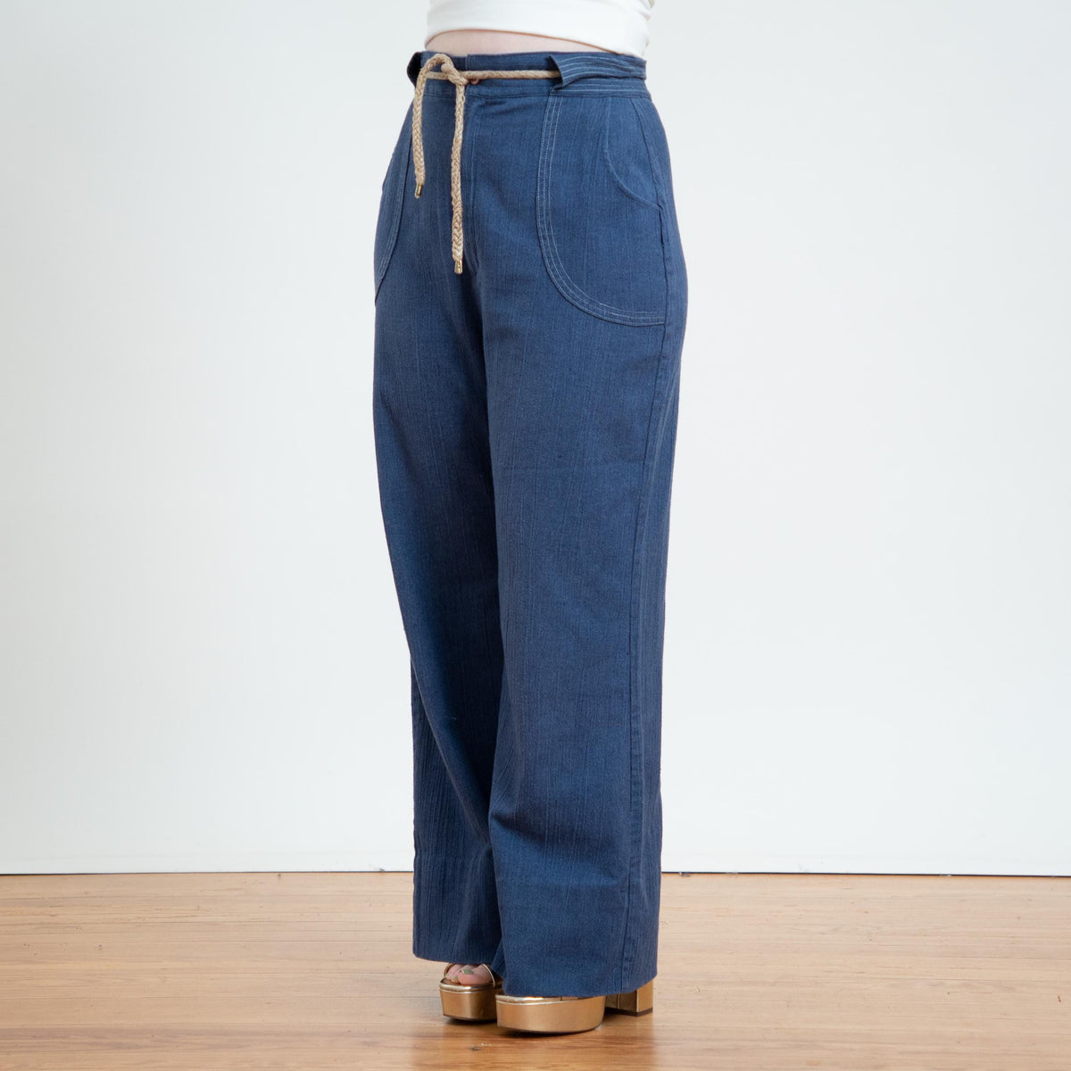 Vintage 70s Chambray Wide Leg Drawstring Pants - Medium to Large | High Waisted Blue Flared Pants
