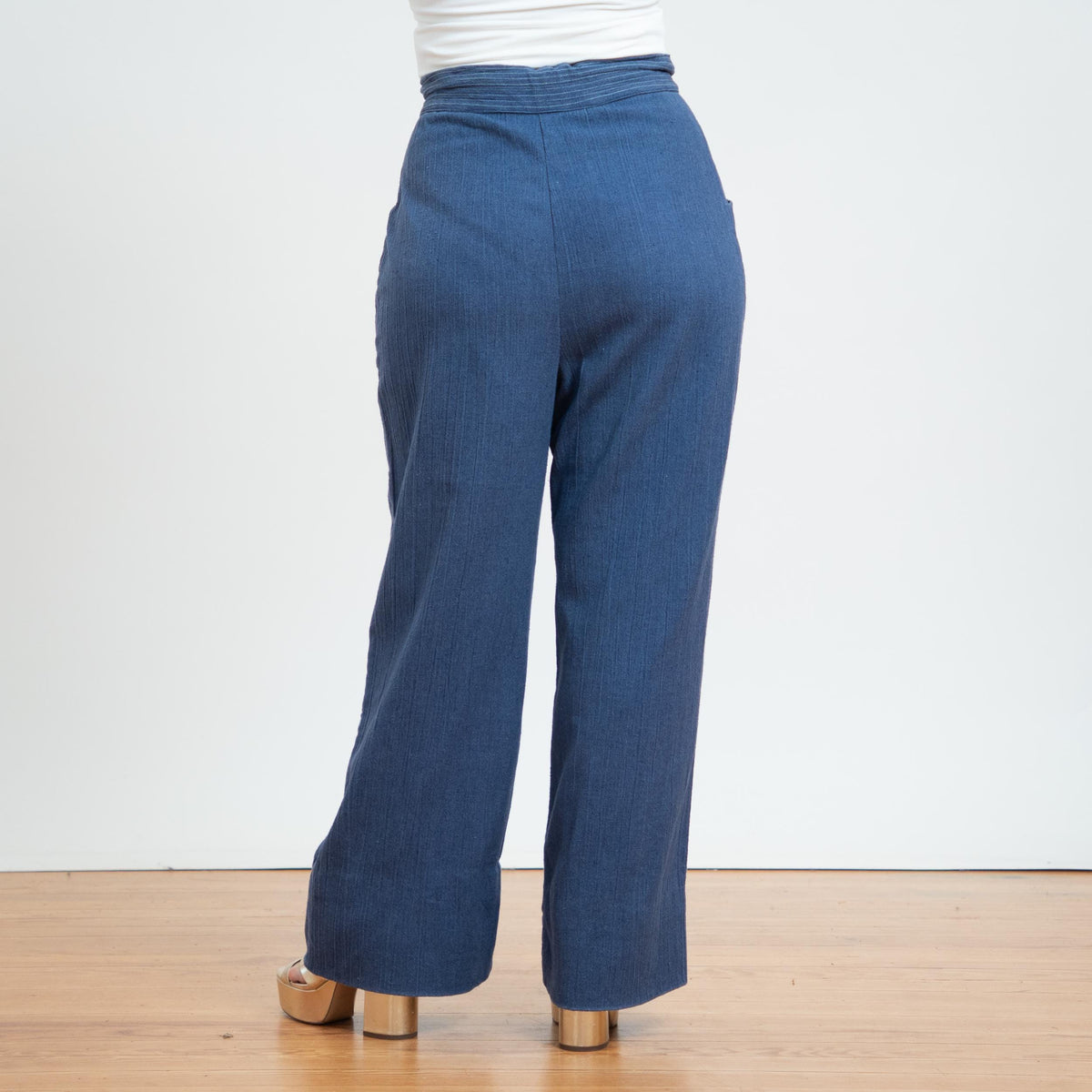 Vintage 70s Chambray Wide Leg Drawstring Pants - Medium to Large | High Waisted Blue Flared Pants