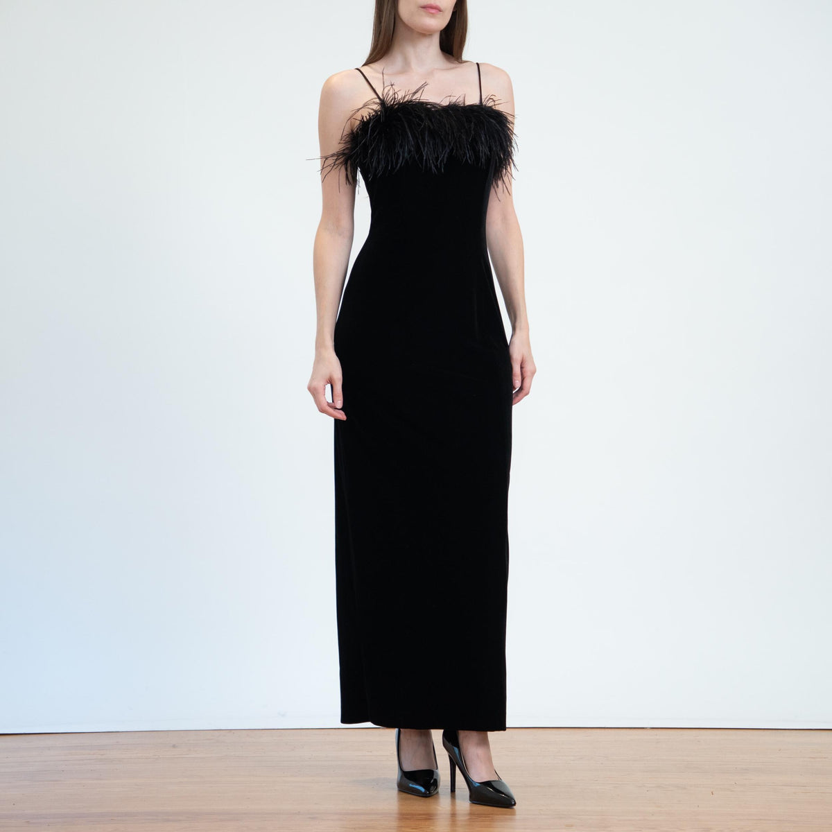 Vintage 90s Black Velvet Marabou Feather Evening Gown - Small | Sexy Formal Bodycon Maxi Dress