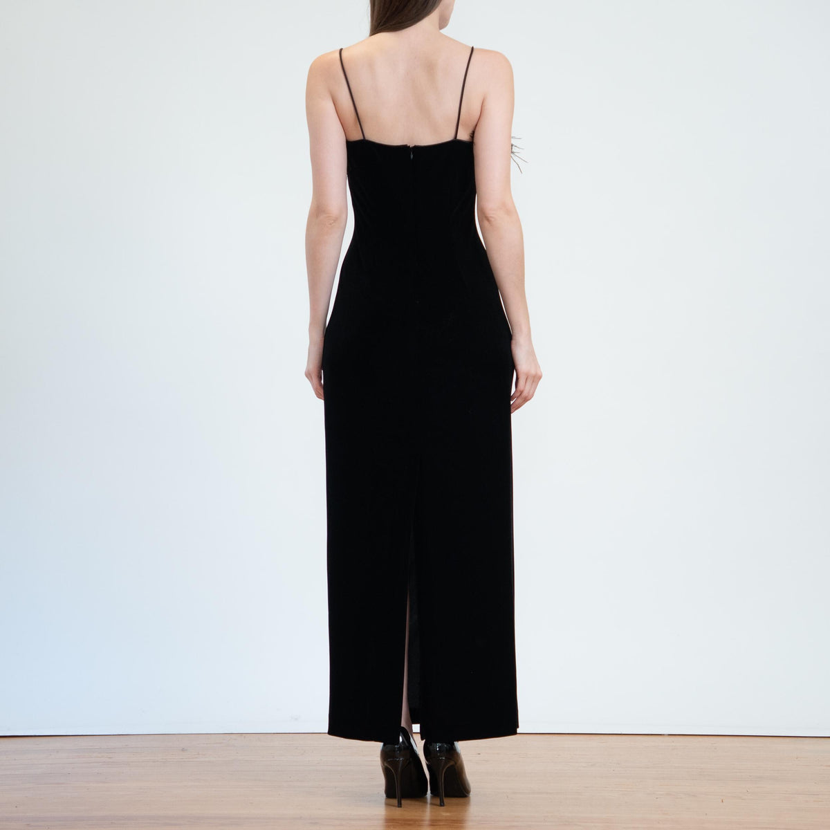 Vintage 90s Black Velvet Marabou Feather Evening Gown - Small | Sexy Formal Bodycon Maxi Dress