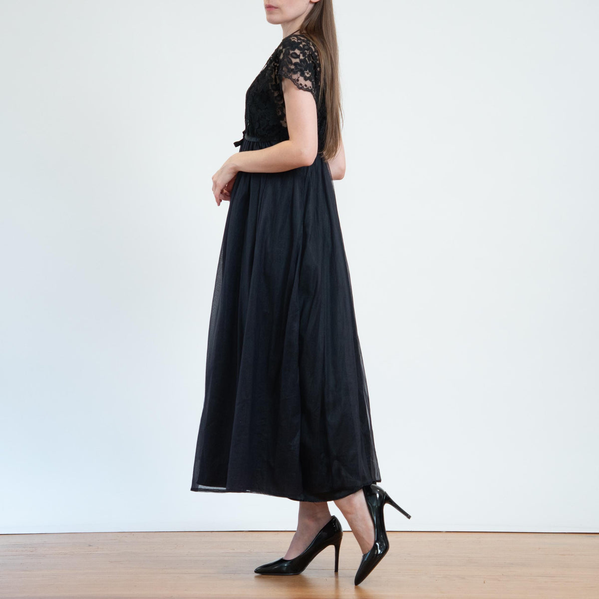 Vintage 70s Black Lace Maxi Peignoir Set - Medium | Donna Richards Negligee Nightgown Slip Dress & Robe