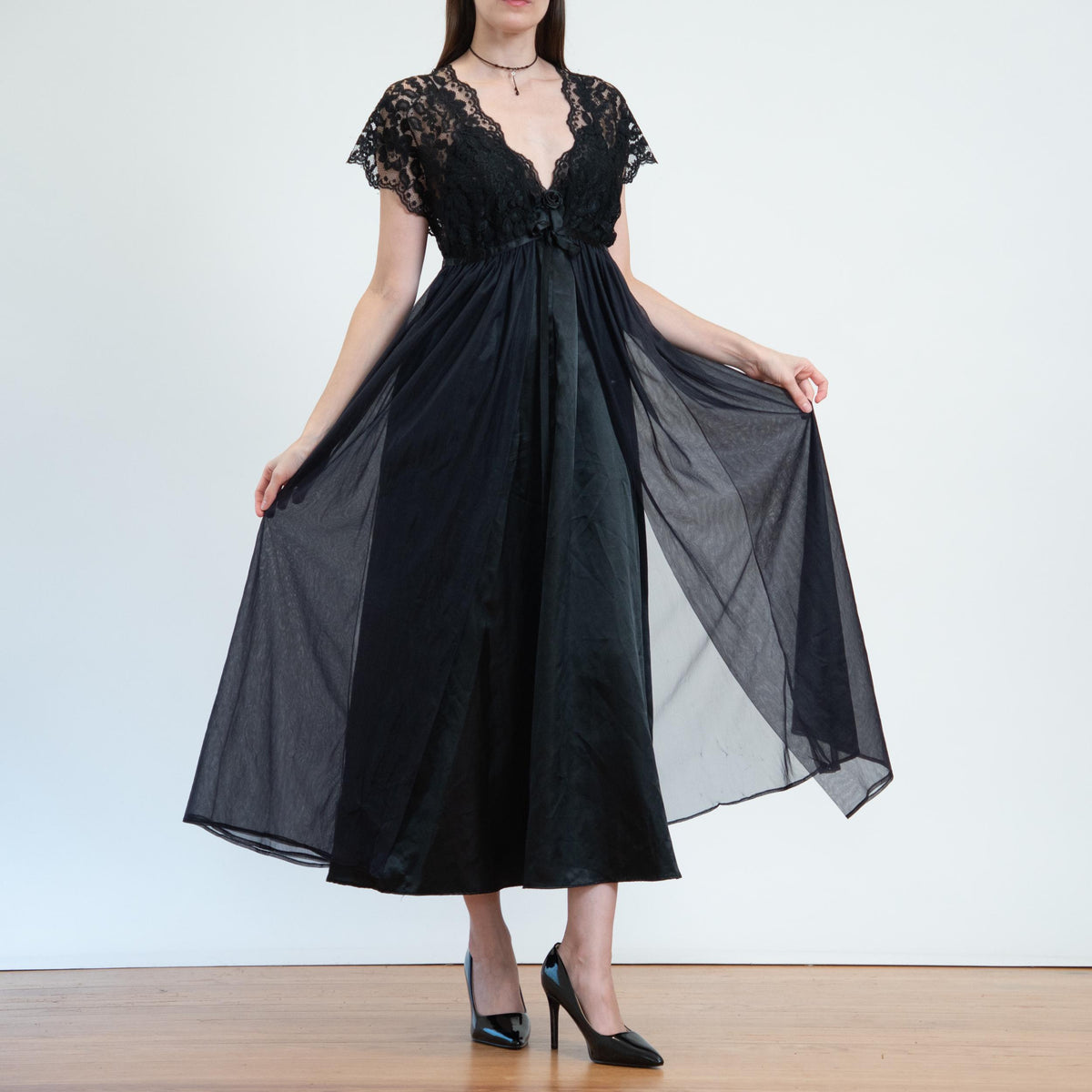 Vintage 70s Black Lace Maxi Peignoir Set - Medium | Donna Richards Negligee Nightgown Slip Dress & Robe