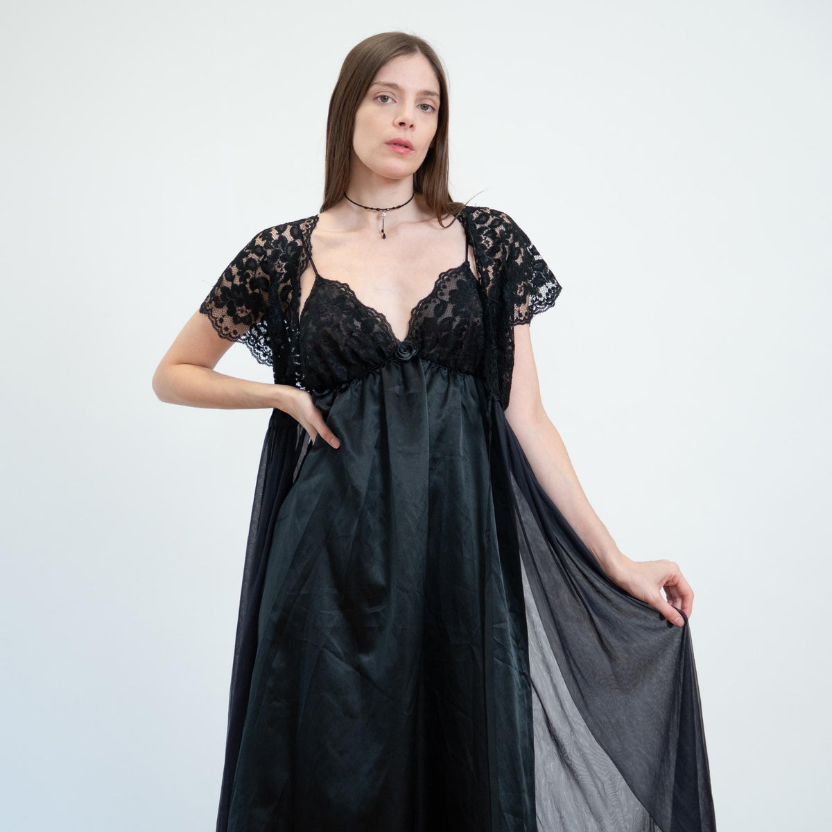 Vintage 70s Black Lace Maxi Peignoir Set - Medium | Donna Richards Negligee Nightgown Slip Dress & Robe