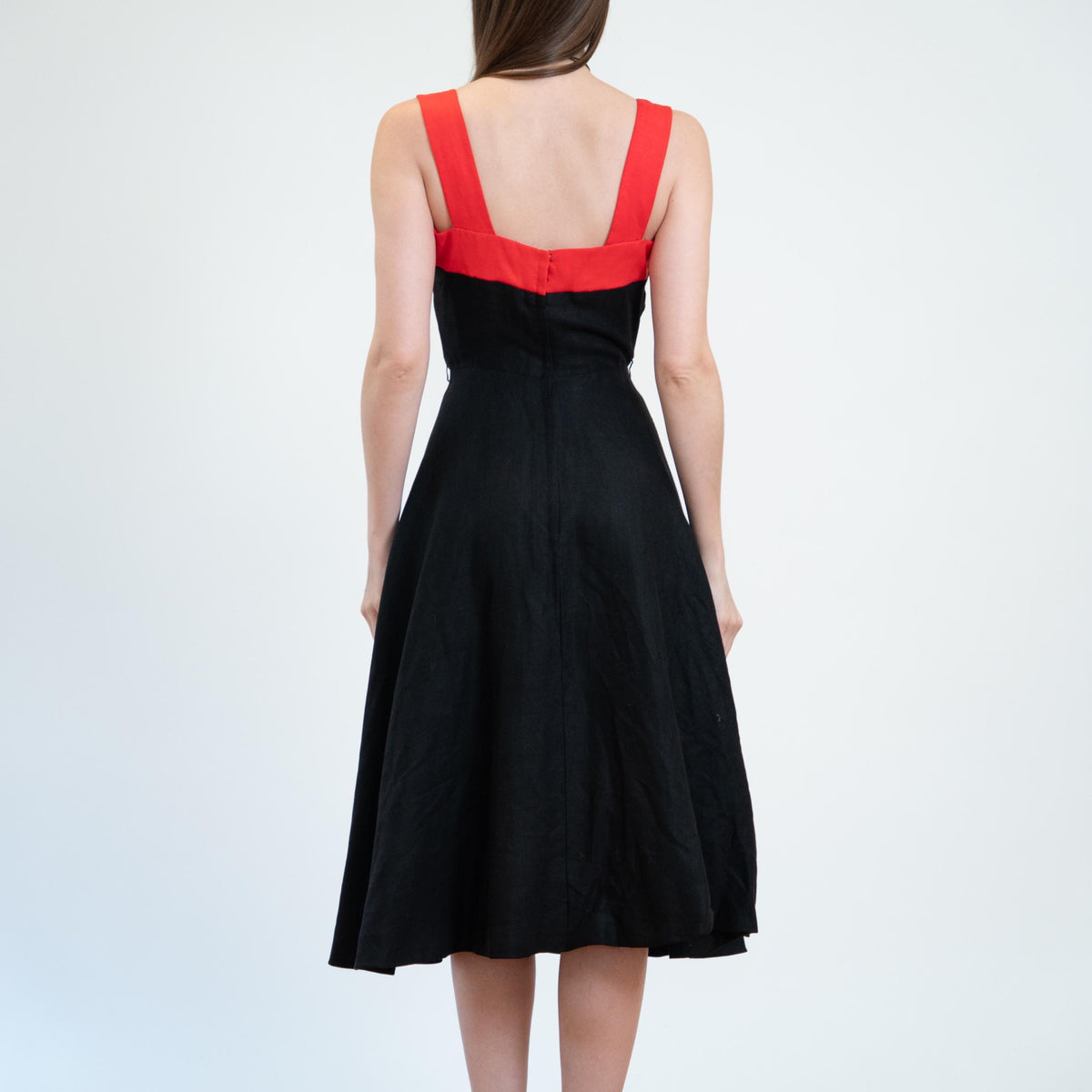 Vintage 50s Red & Black Bow Tie Bombshell Swing Dress - Extra Small | 1950s Pinup Fit Flare Midi Dress