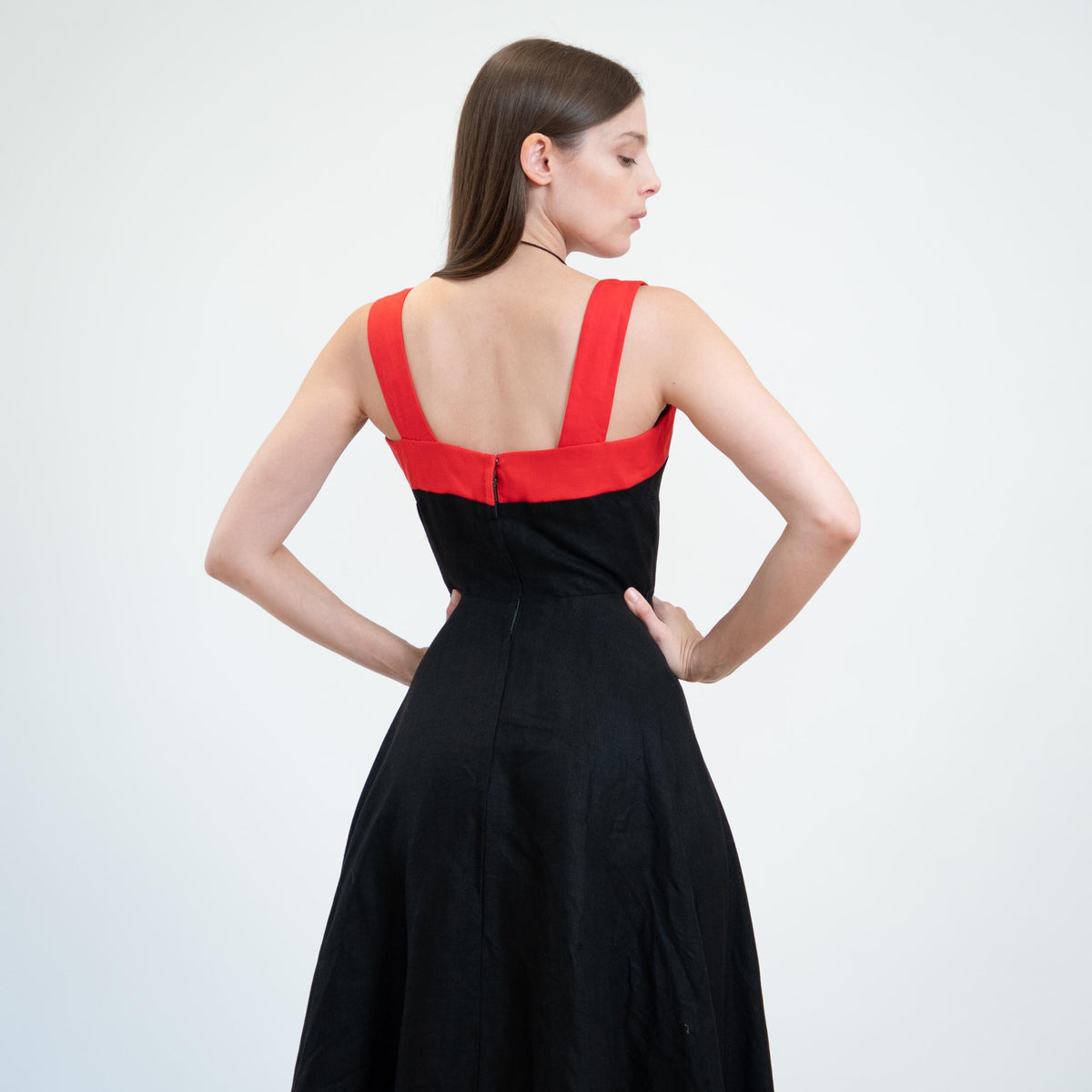 Vintage 50s Red & Black Bow Tie Bombshell Swing Dress - Extra Small | 1950s Pinup Fit Flare Midi Dress