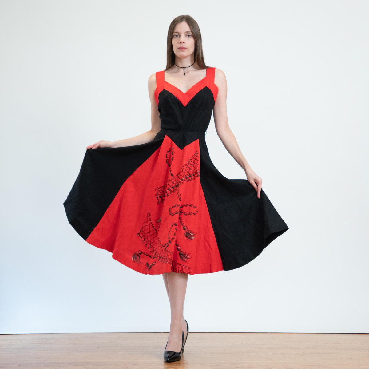 Vintage 50s Red & Black Bow Tie Bombshell Swing Dress - Extra Small | 1950s Pinup Fit Flare Midi Dress