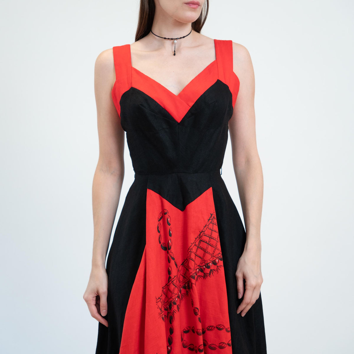 Vintage 50s Red & Black Bow Tie Bombshell Swing Dress - Extra Small | 1950s Pinup Fit Flare Midi Dress