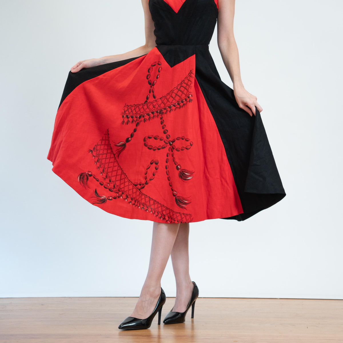 Vintage 50s Red & Black Bow Tie Bombshell Swing Dress - Extra Small | 1950s Pinup Fit Flare Midi Dress