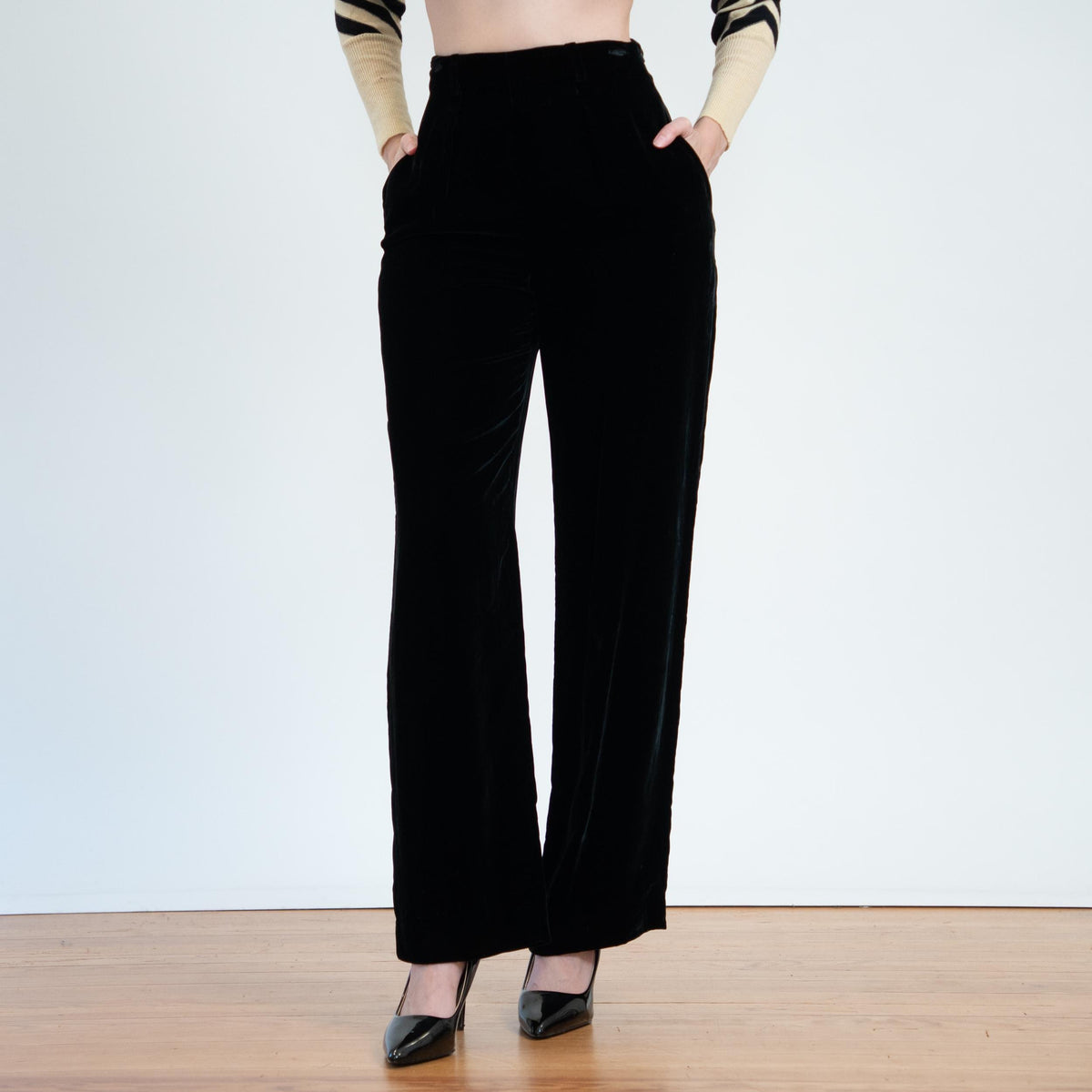 Vintage 90s Black Velvet Straight Leg Trousers - Small, 26" Waist | Minimalist High Waisted Pants