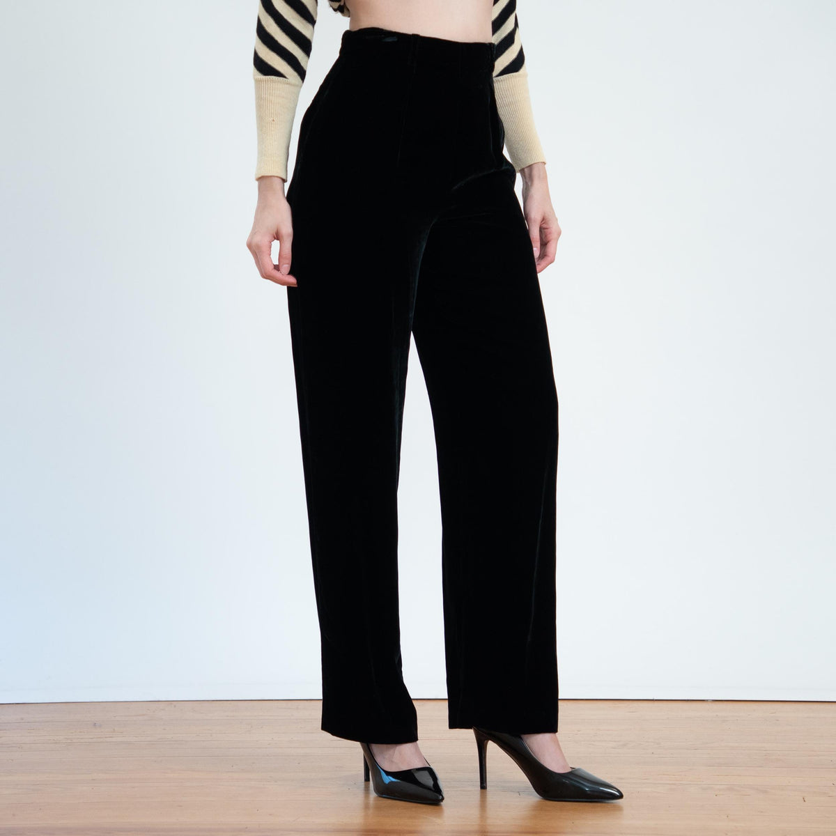 Vintage 90s Black Velvet Straight Leg Trousers - Small, 26" Waist | Minimalist High Waisted Pants