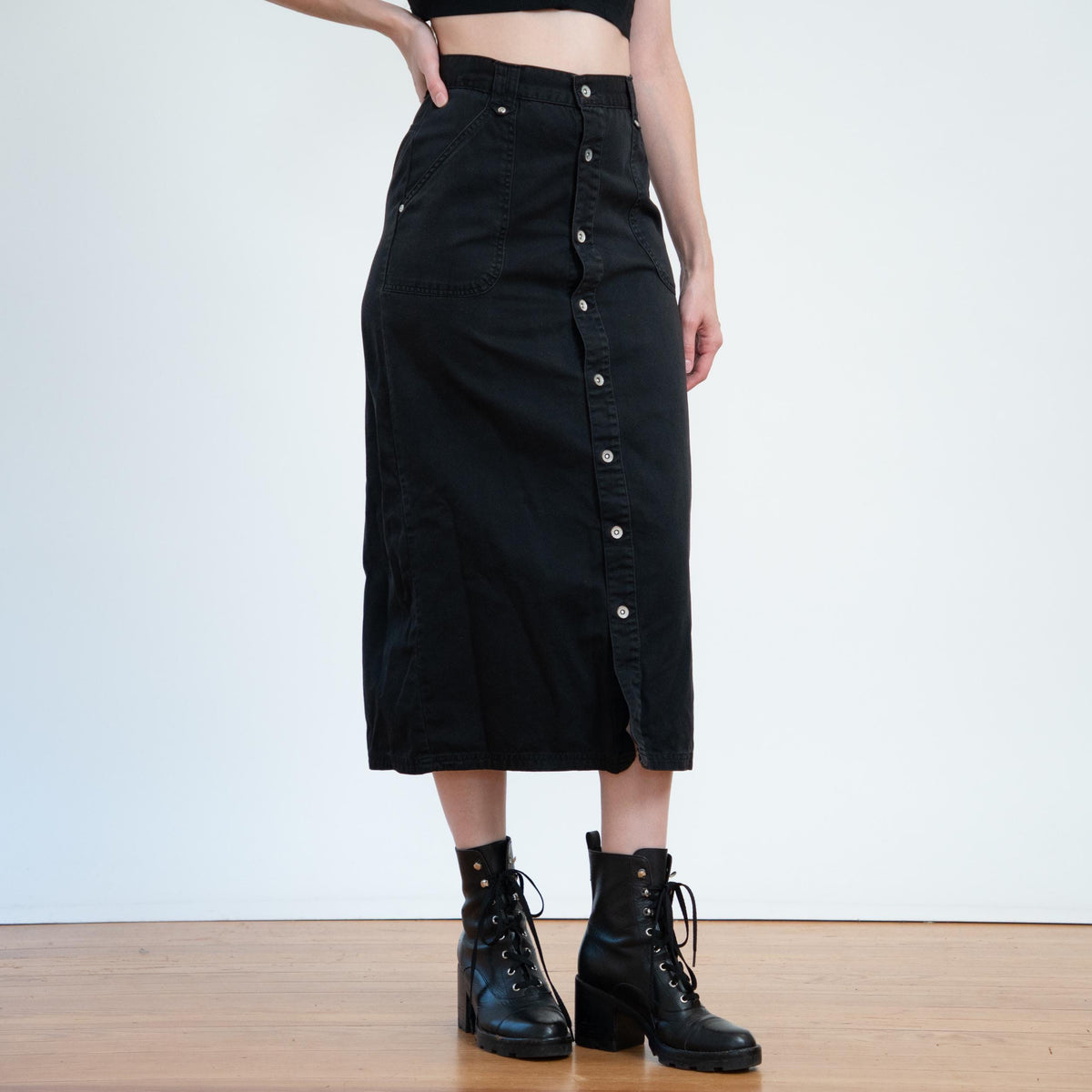 Vintage 90s Black Button Front Midi Skirt - Small, 26" Waist | High Waisted Cotton Twill Long Straight Skirt