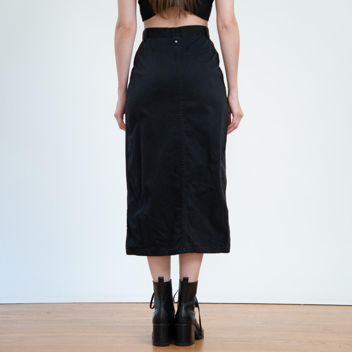 Vintage 90s Black Button Front Midi Skirt - Small, 26" Waist | High Waisted Cotton Twill Long Straight Skirt