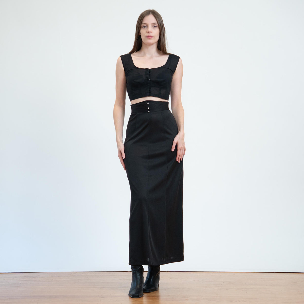 Vintage 70s Black Jeweled Button Maxi Skirt - XS to Small | Super High Waisted Long Skirt