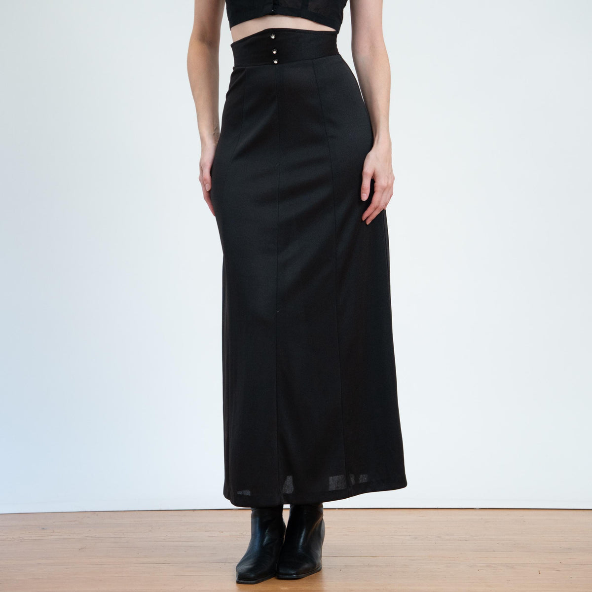 Vintage 70s Black Jeweled Button Maxi Skirt - XS to Small | Super High Waisted Long Skirt