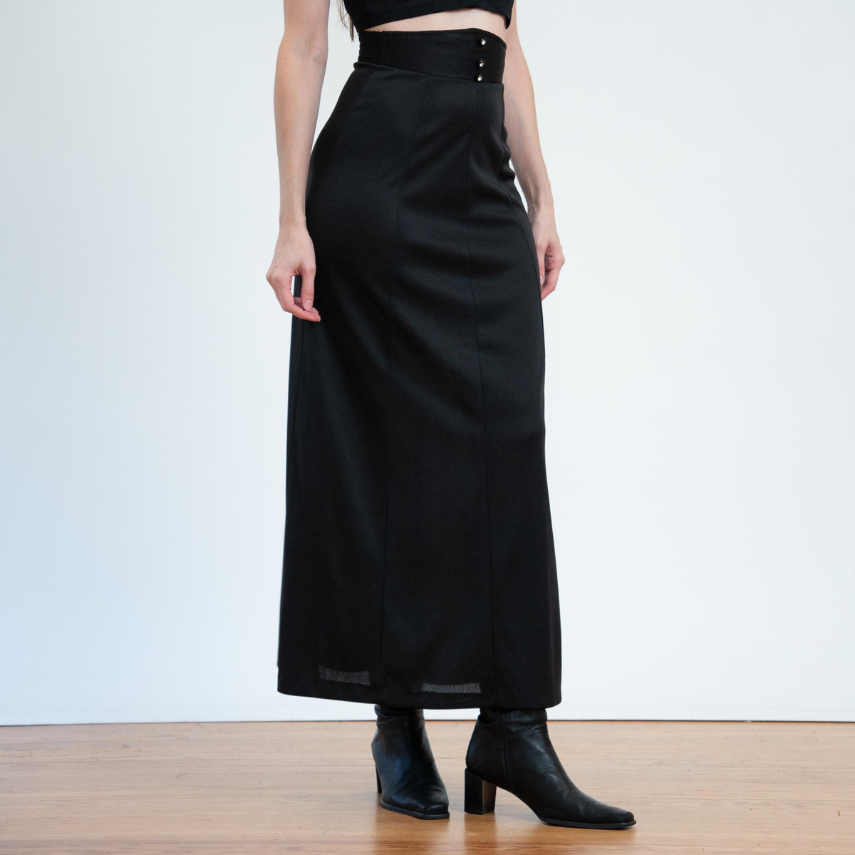 Vintage 70s Black Jeweled Button Maxi Skirt - XS to Small | Super High Waisted Long Skirt