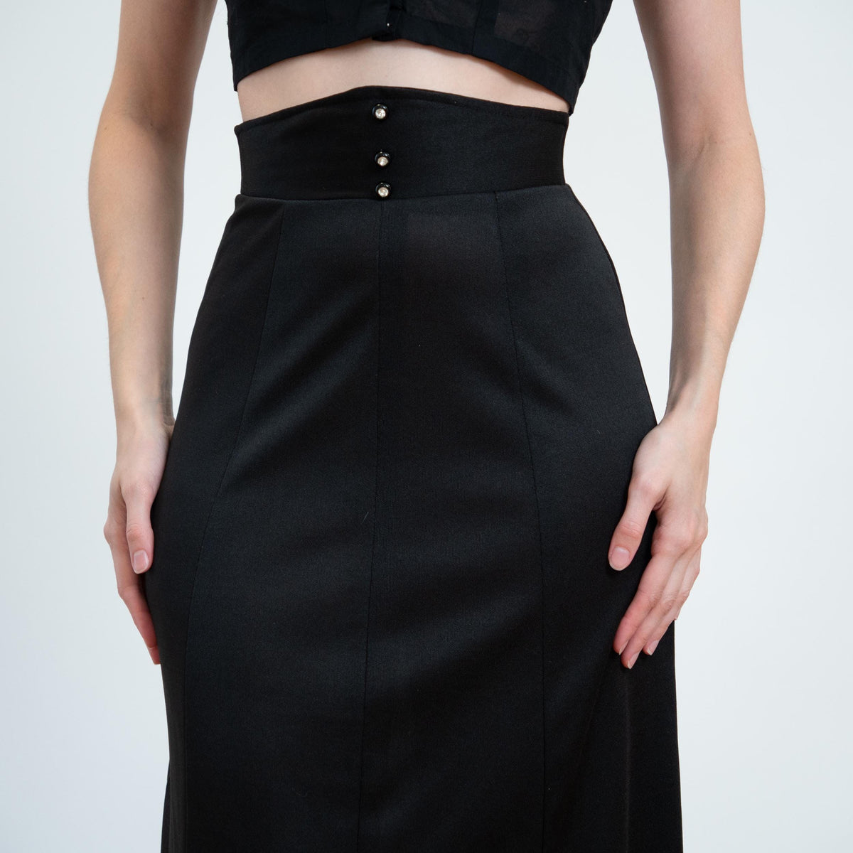 Vintage 70s Black Jeweled Button Maxi Skirt - XS to Small | Super High Waisted Long Skirt