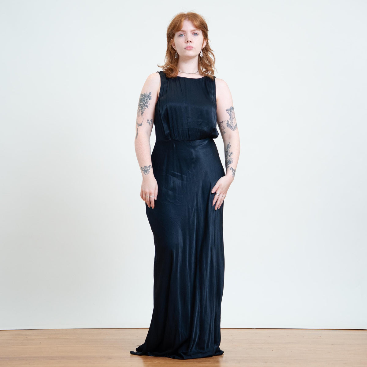 Vintage Y2K Midnight Blue Satin Bias Cut Gown - Large Tall | Sleeveless Formal Maxi Dress