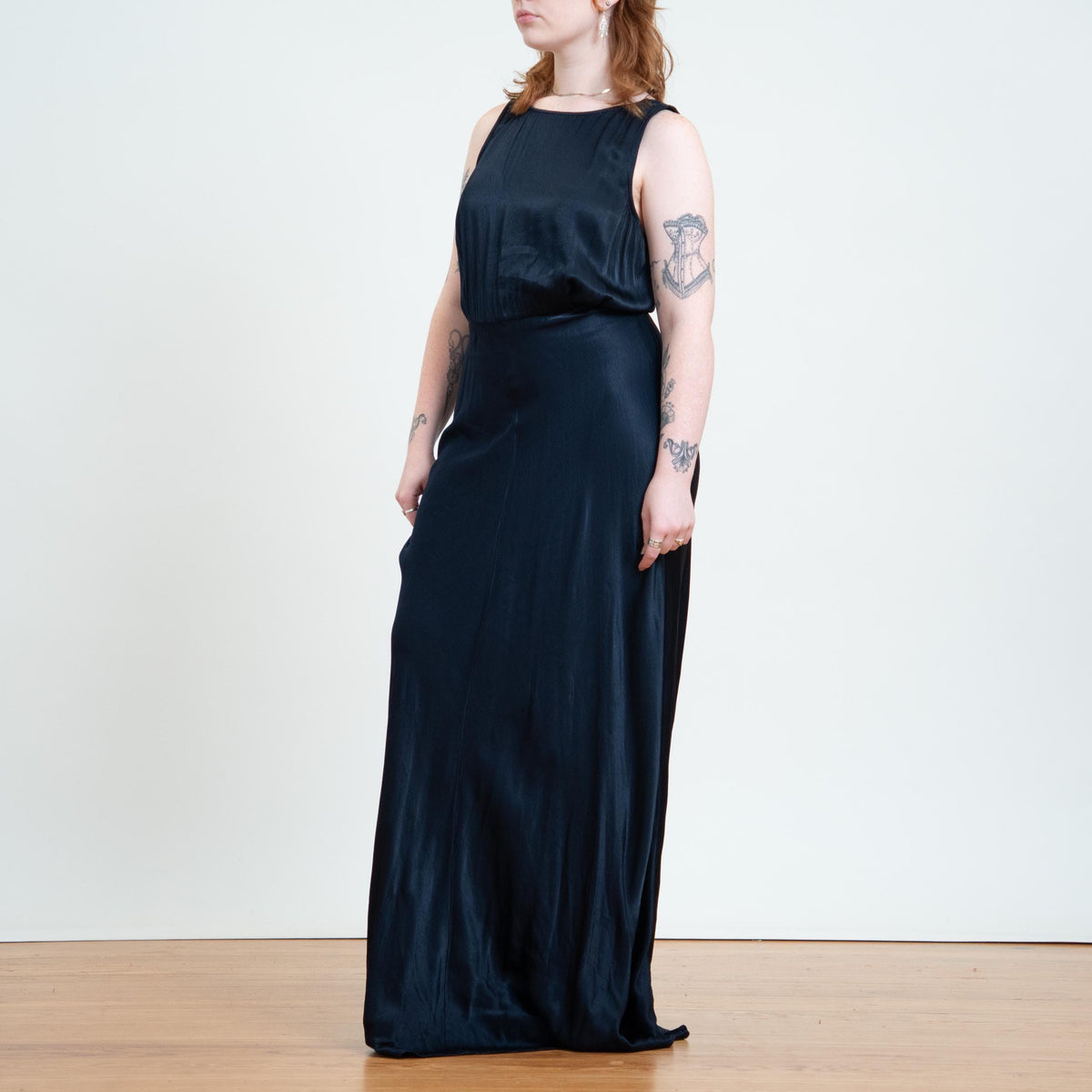 Vintage Y2K Midnight Blue Satin Bias Cut Gown - Large Tall | Sleeveless Formal Maxi Dress