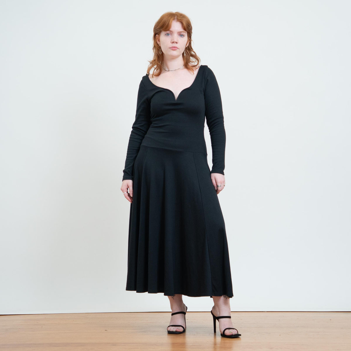 Vintage 90s Black Vampira Sweetheart Neck Maxi Dress - Medium | Gothic Long Sleeve Fit & Flare Dress