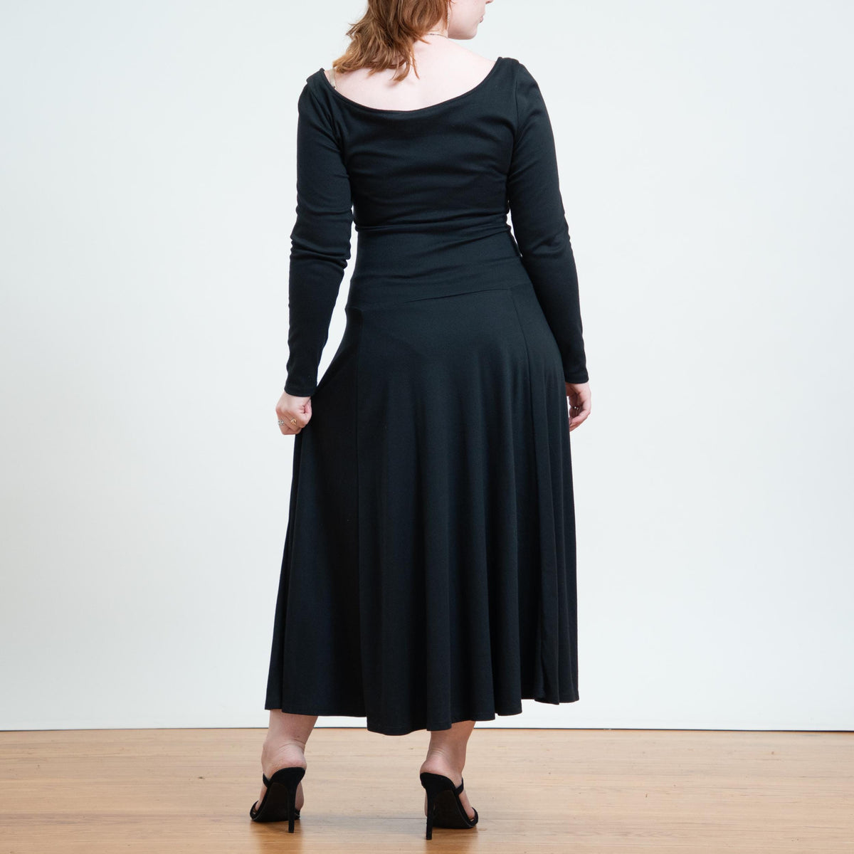 Vintage 90s Black Vampira Sweetheart Neck Maxi Dress - Medium | Gothic Long Sleeve Fit & Flare Dress