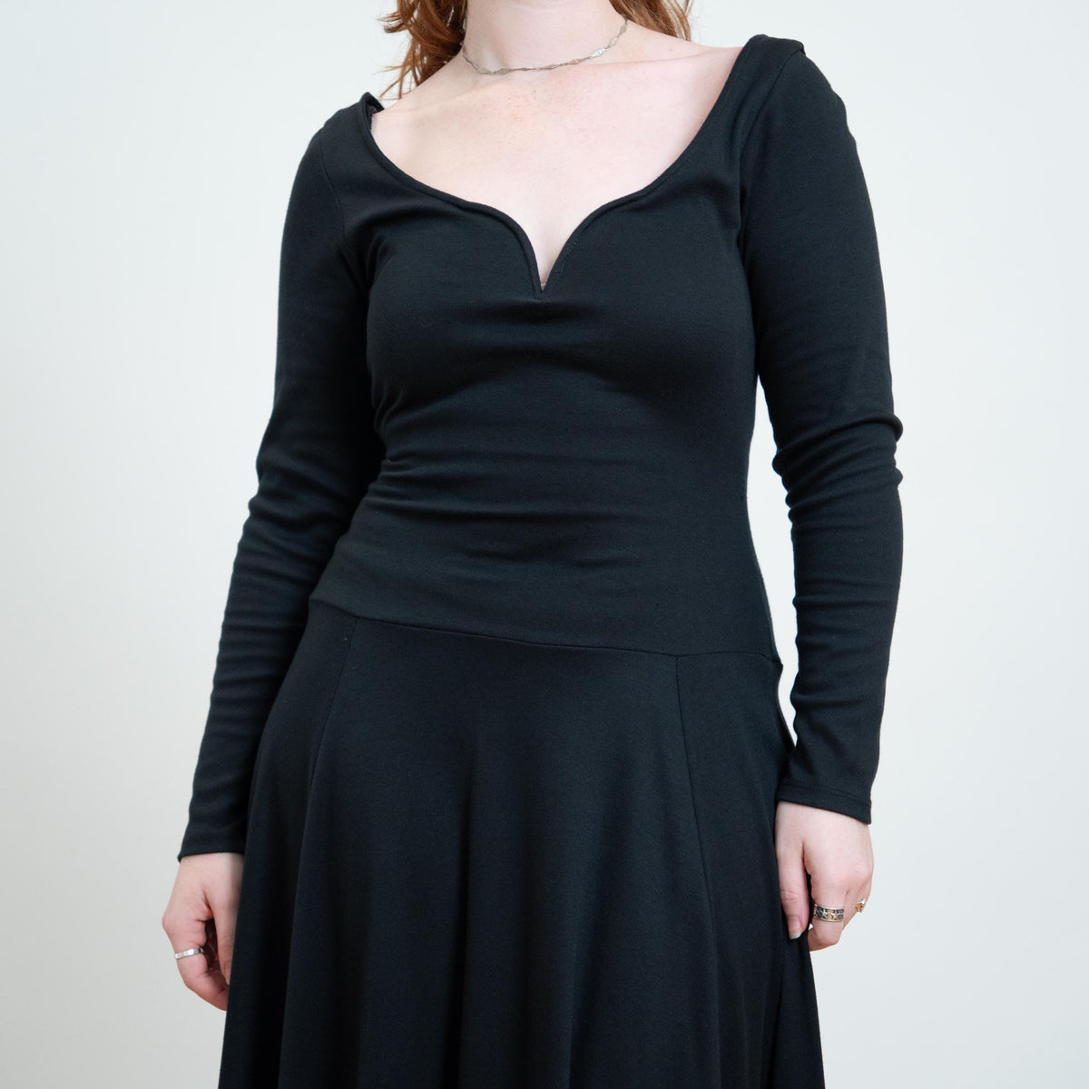 Vintage 90s Black Vampira Sweetheart Neck Maxi Dress - Medium | Gothic Long Sleeve Fit & Flare Dress